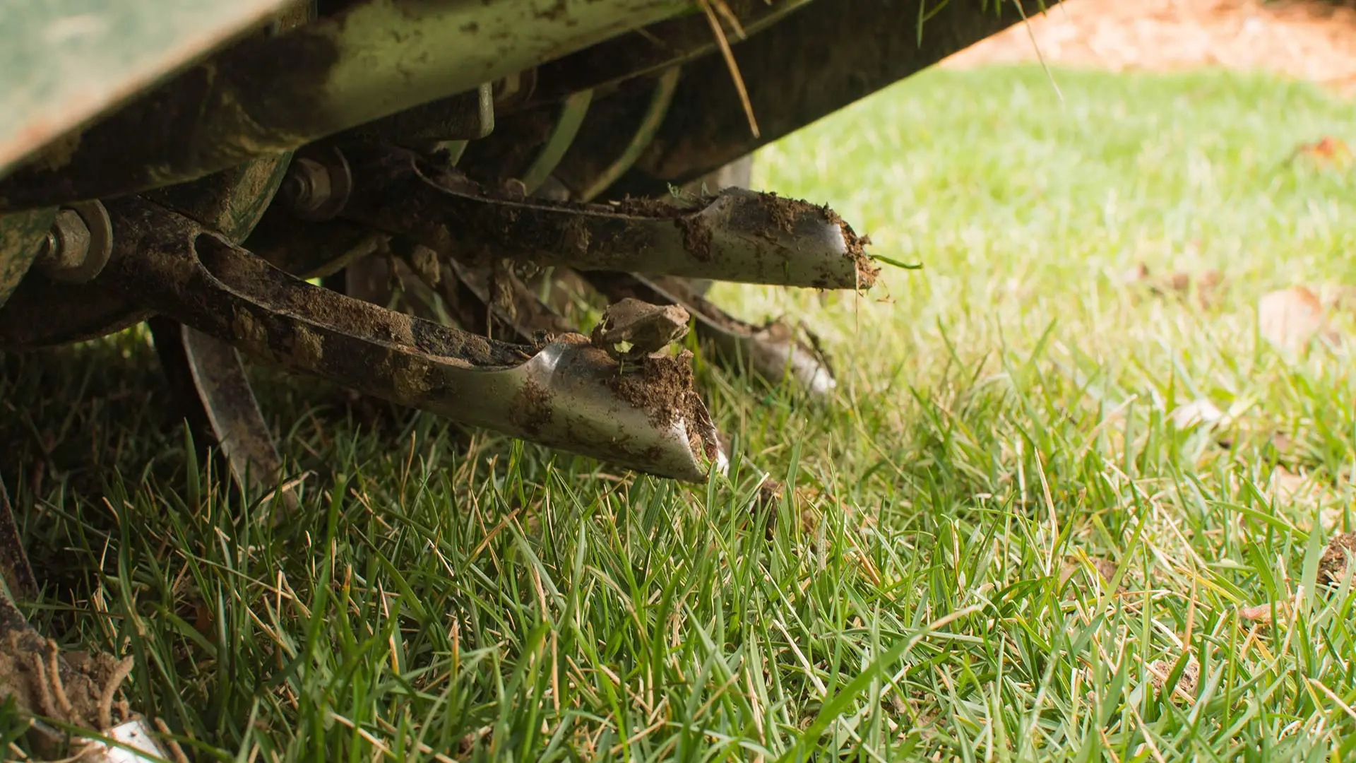 Core aeration machine up close as it aerates a lawn in Matthews, NC and nearby cities.