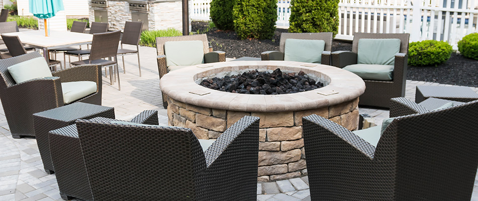 Beautiful patio with fire pit and seating near Matthews, NC.
