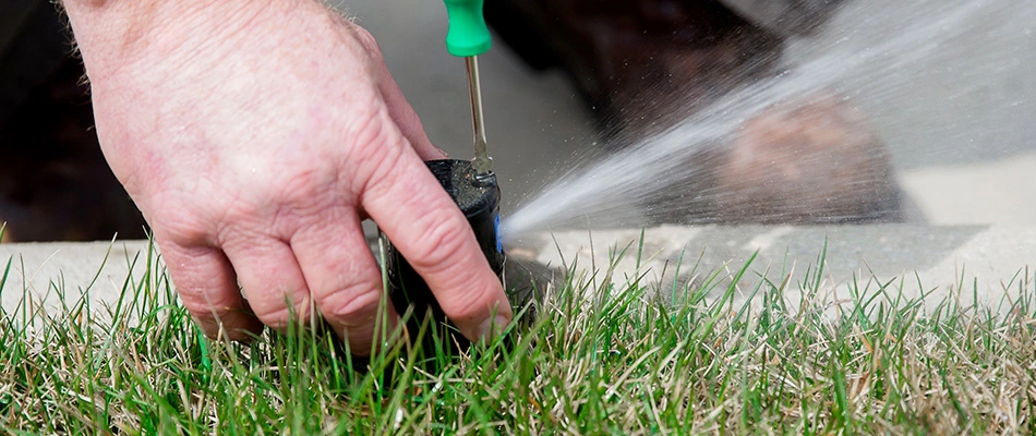 Expert fixing a broken sprinkler head for a customer near Ballantyne, NC.