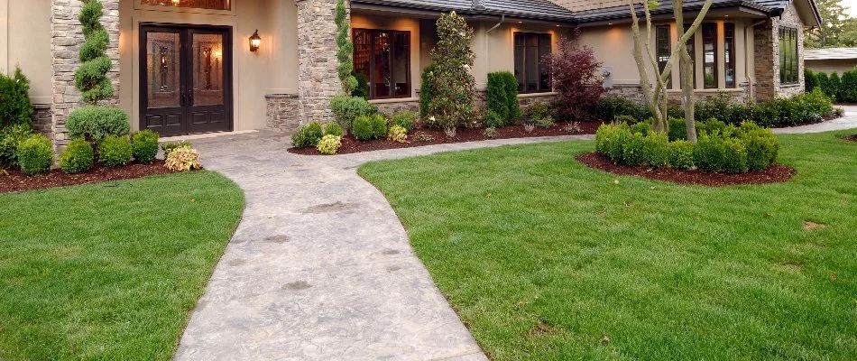Front yard in Belmont, NC, with green grass and manicured landscaping.
