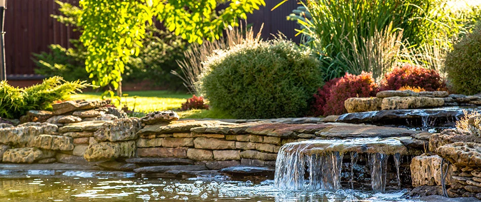 Superb waterfall and pond in the backyard of a beautiful home near Weddington, NC.
