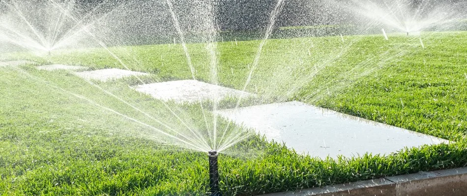 Irrigation sprinkler heads watering a green lawn in Baxter Village, SC.