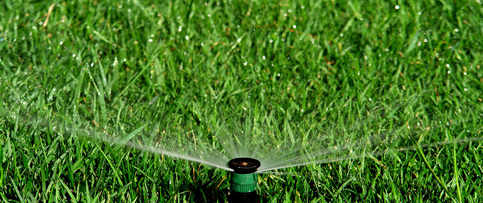 Sprinkler watering the grass of a healthy lawn near Charlotte, NC and nearby areas.