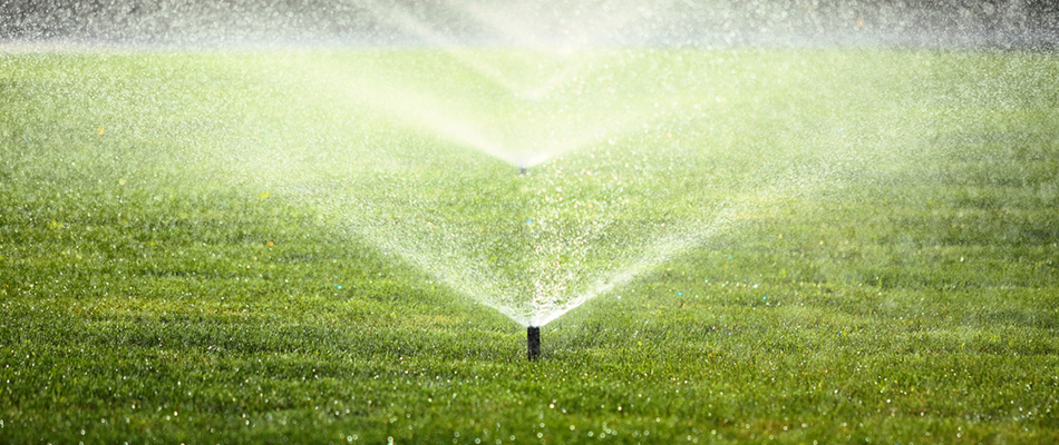 A large lawn is being watered by a lawn irrigation system around the Ballantyne, NC area.