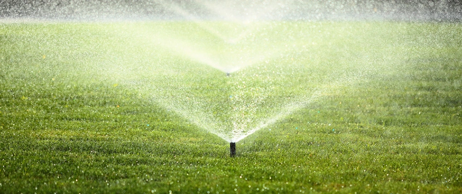 A large lawn is being watered by a lawn irrigation system around the Ballantyne, NC area.