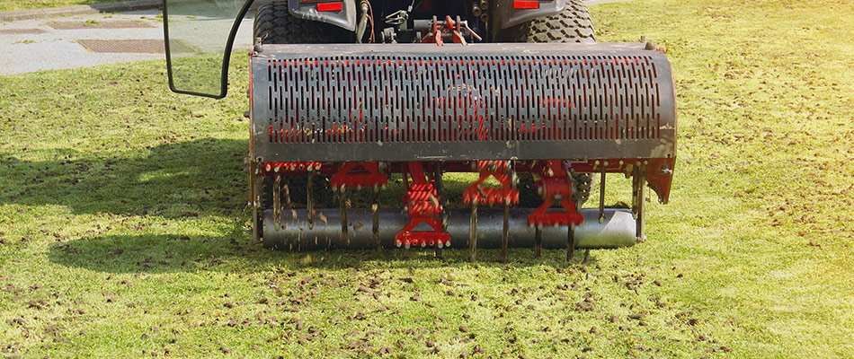 A large commercial aeration machine is aerating a lawn, leaving plugs in its wake.