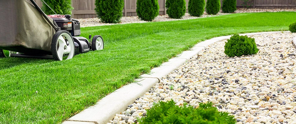 Spring lawn being mowed by a push mower near Matthews, NC.