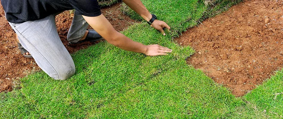 Man installing new bright green and healthy sod to refinish a lawn after a project in Ballantyne, NC.