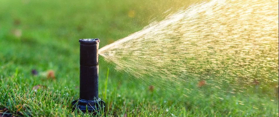 Sprinkler head spraying water on a property in Fort Mill, SC.