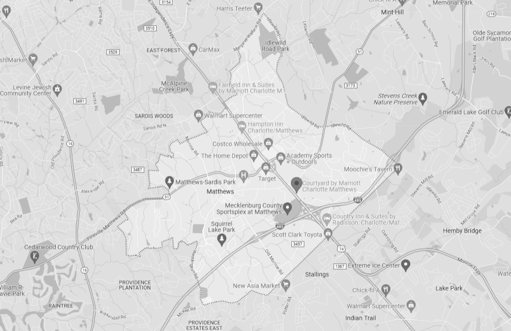 Map of the Matthews, NC area.